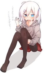  black_legwear blue_eyes blush feet female female hair_ornament hairclip higashi_shino hood hoodie oerba_yun_fang open_mouth original pantyhose pointy_ears simple_background sitting slit_pupils solo toes twintails white_background white_hair 