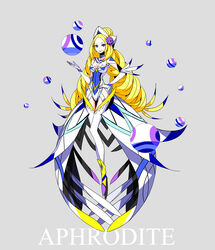  absurdres aphrodite_(mythology) blonde_hair blue_eyes breasts character_name commentary_request female floating full_body greek_mythology grey_background hand_on_own_hip highres large_breasts long_hair looking_at_viewer mecha_musume official_art orb palow parted_lips photoshop_(medium) shinwa_sousei_rpg_amadeus skin_tight smile solo waist_cape 