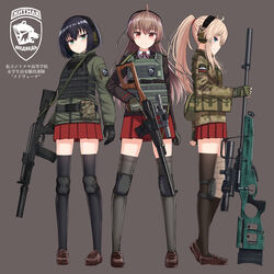  3girls ahoge ak-9 asymmetrical_legwear bandaged_leg bandages black_hair black_legwear blonde_hair blue_eyes bolt_action brown_background brown_footwear brown_hair brown_jacket brown_legwear camouflage camouflage_jacket closed_mouth collared_shirt commentary cyrillic dress_shirt ear_protection full_body green_eyes green_jacket grey_legwear gun hair_between_eyes high_ponytail highres holding holding_gun holding_weapon izumi_(yakob_labo) jacket loafers long_hair minya_(yakob_labo) miyako_(yakob_labo) multiple_girls neck_ribbon original pleated_skirt ponytail profile ranguage red_eyes red_ribbon red_skirt ribbon rifle russian_flag russian_text school_uniform shirt shoes simple_background single_thighhigh skirt smile sniper_rifle standing sv-98 thighhighs translated trigger_discipline uneven_legwear very_long_hair vss_vintorez weapon white_shirt yakob_labo 