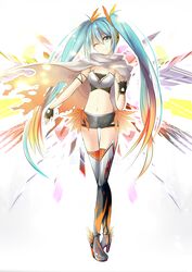  ;) absurdres black_gloves black_shorts blue_eyes blue_hair boots breasts cape cleavage commentary crop_top crossed_legs feather_hair_ornament feathers female fingerless_gloves floating_hair full_body gloves goodsmile_racing gradient_hair grey_footwear hair_between_eyes hair_ornament hatsune_miku head_tilt headphones highres long_hair looking_at_viewer midriff multicolored_hair navel one_eye_closed orange_feathers orange_hair orange_thighhighs paint.net_(medium) racing_miku racing_miku_(2016) shiny_clothes short_shorts shorts small_breasts smile solo standing stomach strapless thigh_boots thigh_gap thighhighs torn_cape torn_clothes triangle_cutout two-tone_hair very_long_hair vocaloid white_cape yellow_feathers yen-mi 