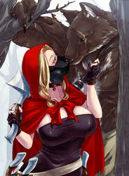  anthro axe big_bad_wolf big_breasts black_claws blonde_hair breasts brown_body brown_fur canid canine canis claws cleavage clothed clothing colored_nails duo fairy_tales felling_axe female female_on_anthro fingerless_gloves forest fur gas_mask gloves green_eyes hair handwear human human_on_anthro hyackban inner_ear_fluff interspecies light_body light_skin little_red_riding_hood little_red_riding_hood_(copyright) male male/female male_on_human mammal mask melee_weapon muscular muscular_male nails orange_eyes plant red_hood red_nails scar tree tuft weapon white_body white_fur wolf 