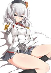  absurdres beret black_hat black_skirt black_socks breasts buttons clothes_lift commentary_request epaulettes feet_out_of_frame female gloves grey_eyes grey_hair grey_shirt hat highres jacket kantai_collection kashima_(kancolle) kneehighs large_breasts lifting_own_clothes long_sleeves looking_at_viewer military_jacket miniskirt neckerchief neckwear_lift pleated_skirt red_neckerchief shirt sidelocks simple_background sitting skirt skirt_lift smile socks solo takase_muh twintails twitter_username wavy_hair white_background white_gloves white_hair white_jacket 