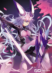  arm_up artist_name blue_eyes bodysuit breasts eyebrows_visible_through_hair female hair_between_eyes headgear holding holding_weapon long_hair looking_at_viewer medium_breasts neptune_(neptune_series) neptune_(series) next_purple power_symbol purple_bodysuit purple_hair purple_heart shin_jigen_game_neptune_vii solo symbol-shaped_pupils v-shaped_eyebrows very_long_hair weapon yurax-mae 