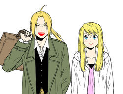  1boy ^_^ ahoge arm_at_side blonde_hair blue_eyes breasts carrying carrying_over_shoulder cleavage closed_eyes coat commentary_request dress_shirt edward_elric female floating_hair fullmetal_alchemist grey_coat hanayama_(inunekokawaii) happy height_difference jacket long_hair looking_at_another open_mouth pink_shirt ponytail shirt simple_background smile suitcase teeth upper_body upper_teeth_only v-shaped_eyebrows vest white_background white_jacket white_shirt winry_rockbell 