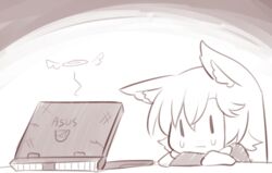  animal_ear_fluff animal_ears asus broken commentary computer crossed_arms crying crying_with_eyes_open duplicate english_commentary female giving_up_the_ghost hair_between_eyes halo imaizumi_kagerou laptop long_hair long_sleeves monochrome pixel-perfect_duplicate portrait solo tears touhou wolf_ears wool_(miwol) |_| 