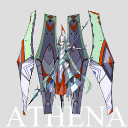  armor armored_boots armored_dress athena_(mythology) boots braid breastplate character_name commentary_request female floating floating_object full_armor full_body gauntlets greek_mythology green_hair grey_background helmet highres long_hair looking_at_viewer mecha_musume official_art open_mouth palow photoshop_(medium) plate_armor polearm red_eyes shinwa_sousei_rpg_amadeus shoulder_armor solo spear teeth twin_braids upper_teeth_only very_long_hair weapon 