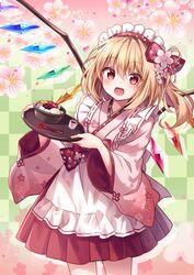  :d absurdres alternate_costume alternate_headwear anmitsu_(dessert) apron blonde_hair blush bow bowl checkered_background cherry cherry_blossoms commentary_request cowboy_shot crystal female flandre_scarlet floral_print flower food frilled_apron frills fruit hair_between_eyes hair_flower hair_ornament hairbow highres holding holding_tray japanese_clothes kimono kure~pu long_hair looking_at_viewer maid maid_apron maid_headdress one_side_up open_mouth pink_flower pink_kimono pleated_skirt red_bow red_eyes red_skirt skirt smile solo spoon standing touhou tray wa_maid waitress white_apron wings 