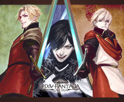  3boys black_gloves black_hair blonde_hair blue_eyes brown_cape cape commentary_request copyright_name dylan_the_island_king ethan_the_exiled_hero facial_hair fur_trim gloves highres holding holding_sword holding_weapon looking_at_viewer male_focus moyatarou multiple_boys open_mouth oscar_the_frozen_sea_admiral photoshop_(medium) pixiv_fantasia pixiv_fantasia_last_saga red_eyes serious standing stubble sword upper_body weapon 