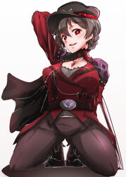  absurdres ahoge bad_id bad_pixiv_id belt black_pants blush braid breasts buckle chains choker cloak coat commentary_request eyebrows eyebrows_hidden_by_hair female frilled_choker frills hat high_heels highres idol_heroes_(idolmaster) idolmaster idolmaster_million_live! idolmaster_million_live!_theater_days jewelry large_breasts light_brown_hair moment_(moment_607) necklace open_mouth pants parted_bangs peaked_cap rapier red_choker red_eyes sakuramori_kaori shadow short_hair simple_background sword uniform weapon white_background 