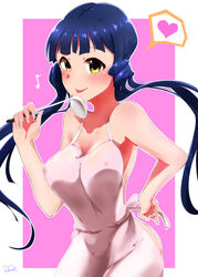  absurdres apron armpits bad_id bad_pixiv_id blue_hair blush collarbone covered_nipples female highres idolmaster idolmaster_million_live! idolmaster_million_live!_theater_days kitakami_reika ladle long_hair low_twintails moment_(moment_607) naked_apron neck off_shoulder pink_background simple_background solo twintails white_apron white_background 