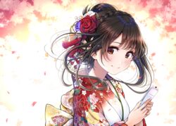  blush brown_eyes brown_hair cellphone closed_mouth commentary_request female floral_print flower from_side hair_flower hair_ornament highres holding holding_phone japanese_clothes kentaurosu kimono long_hair long_sleeves looking_at_viewer looking_to_the_side matsuno_chiya original petals phone print_kimono purple_flower purple_rose red_flower red_kimono red_rose rose smile solo upper_body 