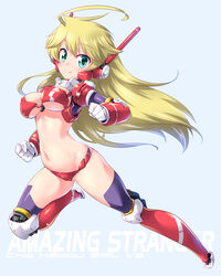  android bikini blonde_hair blue_background boots choukadou_girl_1/6 commentary_request copyright_name elbow_gloves female gloves green_eyes headphones highres kuzuryuu_kennosuke long_hair mecha_musume nona_(choukadou_girl_1/6) photoshop_(medium) robot solo swimsuit 