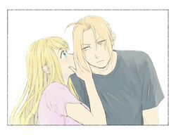  1boy ahoge arm_at_side beige_shirt black_border blonde_hair blue_eyes blue_shirt border commentary_request cupping_hands ear_piercing earrings edward_elric eyes_visible_through_hair female fullmetal_alchemist hanayama_(inunekokawaii) jewelry leaning_to_the_side long_hair looking_away own_hands_together piercing profile shirt simple_background upper_body whispering white_background winry_rockbell yellow_eyes 