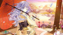  black_bow bow bug butterfly cherry_blossoms copyright_name cup date_a_live day female floating_hair floral_print grey_eyes grey_hair highres izayoi_miku japanese_clothes kimono long_hair looking_at_viewer looking_back one_eye_closed outdoors plate print_kimono side_slit solo sunset teacup teapot very_long_hair yellow_kimono 