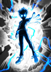  1boy absurdres aiming aiming_at_viewer backlighting clenched_hand commentary english_commentary full_body gakuran glowing glowing_eyes highres jeetdoh kageyama_shigeo kageyama_shigeo_(???) male_focus mob_psycho_100 motion_blur no_pupils outstretched_arm pants photoshop_(medium) powering_up psychic school_uniform shaded_face shoes sneakers solo speed_lines spiked_hair spot_color 