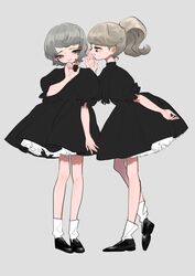  2girls black_dress black_footwear commentary_request dress full_body grey_background grey_hair hand_up inata17ta light_brown_hair long_hair multiple_girls open_mouth original ponytail profile puffy_short_sleeves puffy_sleeves short_hair short_sleeves simple_background smile standing 