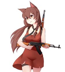  2ch.ru akm animal_ears assault_rifle backpack bag bare_arms black_eyes black_necktie bolt_action braid breasts brown_bag brown_hair cat_ears cleaning_rod collarbone cowboy_shot deredereday double-parted_bangs dress everlasting_summer female frown gun gun_on_back hair_between_eyes holding holding_gun holding_weapon kalashnikov_rifle long_hair looking_ahead mosin-nagant necktie orange_eyes parted_lips playerunknown&#039;s_battlegrounds red_dress ribbon rifle simple_background single_braid sleeveless sleeveless_dress solo thigh_strap tie_clip torn_clothes torn_dress two-tone_eyes uvao-tan weapon weapon_on_back white_background 