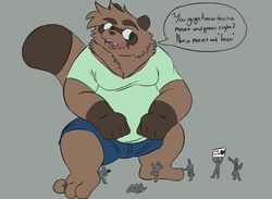  2019 3_toes andythetanuki andythetanuki_(character) anthro belly brown_body brown_fur canid canine clothed clothing digital_media_(artwork) english_text feet fur group hair macro male mammal micro moobs open_mouth overweight overweight_male paws raccoon_dog simple_background size_difference tanuki text toes 