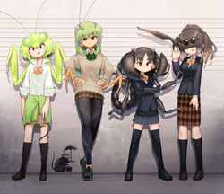  4girls :/ :o \||/ antennae arm_at_side arms_at_sides arthropod_girl bad_link beige_sweater black_clothes black_eyes black_footwear black_hair black_jacket black_legwear black_sweater blazer bow bowtie braid breasts brown_footwear brown_hair brown_skirt bug buttons closed_mouth clothes_around_waist collared_shirt commentary_request crossed_arms dress_shirt everyone evolvingmonkey extra_eyes flat_chest full_body grasshopper grasshopper_inoue green_bow green_hair green_nails green_neckwear green_sweater grey_eyes grey_skirt hair_over_eyes hand_up hands_on_own_hips height_chart highres jacket kneehighs light_smile lineup long_hair long_sleeves looking_at_viewer mantis_akiyama mantis_girl medium_breasts monster_girl multiple_girls nail_polish open_hand open_mouth orange_bow orange_bowtie original parasite parted_bangs partial_commentary plaid plaid_bow plaid_neckwear plaid_skirt pleated_skirt ponytail popped_collar praying_mantis prehensile_hair red_eyes school_uniform scorpion scorpion_girl scorpion_tsuchida sharp_teeth shirt shoes short_hair skirt sleeves_past_wrists sleeves_rolled_up sneakers socks spider spider_girl spider_itou standing sweater sweater_around_waist teeth thick_eyebrows thighhighs twintails two_side_up waving white_shirt wing_collar worm 