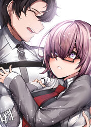  1boy absurdres black_hair blush carrying chaldea_uniform chickenvomit commentary fate/grand_order fate_(series) female fujimaru_ritsuka_(male) highres light_purple_hair long_sleeves looking_at_another looking_at_viewer mash_kyrielight necktie parted_lips princess_carry purple_eyes red_necktie semi-rimless_eyewear short_hair smile straight under-rim_eyewear upper_body 