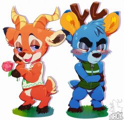  ambiguous_gender animal_crossing antelope antlers bam_(animal_crossing) beau_(animal_crossing) blue_body blue_fur bovid chibi conditional_dnp deer duo femboy fur horn male mammal nintendo orange_body orange_fur xnirox 