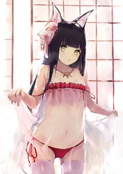  absurdres animal_ear_fluff animal_ears ass_visible_through_thighs azur_lane bare_arms bare_shoulders black_hair blush brown_eyes commentary_request cowboy_shot dress female flower fox_ears fox_mask hanagin highres indoors long_hair looking_at_viewer mask mask_on_head nagato_(azur_lane) nagato_(great_fox&#039;s_respite)_(azur_lane) navel official_alternate_costume panties parted_lips pink_flower red_panties see-through side-tie_panties solo standing strap_slip thighhighs underwear very_long_hair white_dress white_thighhighs 