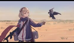  armband artist_name bag bird blonde_hair brown_eyes commentary_request cowboy_shot desert eagle ear_protection female girls&#039;_frontline gloves gun hair_between_eyes holding holding_gun holding_weapon id_card jacket letterboxed light_smile outdoors red_eyes red_scarf scarf scw_(girls&#039;_frontline) scw_(gun) short_hair short_shorts shorts shoulder_bag shoulder_strap solo srm463 weapon 