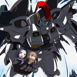  2girls black_hair blonde_hair brown_eyes carrying chibi coat commentary_request coppelion crossover grin gundam gundam_wing m_o_(prftz) mecha multiple_girls open_mouth ozu_kanon ozu_shion pointing purple_eyes robot scarf shirt short_sleeves smile tallgeese white_shirt 