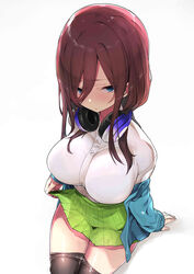  :o absurdres arm_support asymmetrical_bangs blue_cardigan blue_eyes blush bra_visible_through_clothes breasts brown_hair cardigan clothes_lift clothes_pull collared_shirt commentary_request female go-toubun_no_hanayome green_skirt hair_over_breasts half-closed_eyes headphones headphones_around_neck highres large_breasts lifting_own_clothes light_frown long_hair long_sleeves looking_at_viewer looking_up mitsudoue nakano_miku nose_blush off_shoulder pantyhose pantyhose_pull parted_lips pleated_skirt school_uniform see-through shirt sidelocks simple_background sitting skirt skirt_lift solo unworn_cardigan white_background white_shirt 