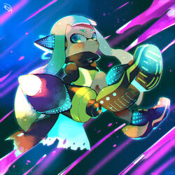  agent_3_(splatoon) aqua_eyes aqua_hair black_cape cape commentary_request female full_body headgear hero_shot_(splatoon) highres inkling inkling_girl inkling_player_character kirikuchi_riku long_hair long_sleeves open_mouth shoes solo splatoon_(series) splatoon_2 splatoon_2:_octo_expansion squidbeak_splatoon tentacle_hair torn_cape torn_clothes vest 