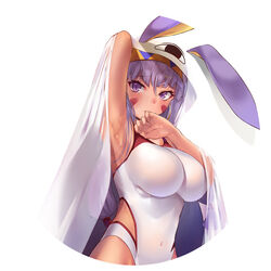  animal_ears armpits bangs blunt_bangs blush breasts covered_navel dark_skin earrings eyebrows_visible_through_hair facial_mark fate/grand_order fate_(series) female highres hoop_earrings jackal_ears jewelry large_breasts long_hair low-tied_long_hair nitocris_(fate/grand_order) nitocris_(swimsuit_assassin)_(fate) one-piece_swimsuit purple_eyes purple_hair simple_background solo suigetsu_(hjs1106) swimsuit white_background white_swimsuit 