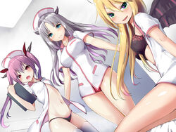  3girls :d bat_wings black_bra black_panties blonde_hair blue_eyes bra breasts closed_mouth collarbone commentary_request dress green_eyes hair_between_eyes hat highres holding horns large_breasts long_hair looking_at_viewer medium_breasts multiple_girls navel no_pants nurse nurse_cap open_clothes open_mouth open_shirt original panties purple_hair red_eyes red_panties shirt short_dress short_sleeves silver_hair sitting small_breasts smile stomach tenrai thighhighs thighs twintails underwear v-shaped_eyebrows vampire white_dress white_headwear white_legwear white_shirt wing_collar wings 