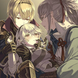  2boys black_gloves black_hairband blonde_hair boy_sandwich brown_eyes commentary_request corrin_(female)_(fire_emblem) corrin_(fire_emblem) eye_contact female fire_emblem fire_emblem_fates gloves grey_hair hair_ribbon hairband harusame_(rueken) holding_another&#039;s_wrist juliet_sleeves leo_(fire_emblem_fates) long_hair long_sleeves looking_at_another lying multiple_boys on_back pointy_ears ponytail puffy_sleeves red_eyes red_ribbon ribbon sandwiched short_hair sweatdrop takumi_(fire_emblem) upper_body 