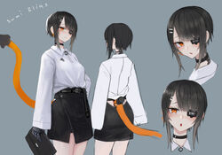  :o absurdres belt black_hair blouse character_name collar commentary cropped cyberpunk cyborg earrings eyepatch female gradient highres jewelry looking_at_viewer mechanical_arms mechanical_tail mihato_senba multiple_views orange_eyes original photoshop_(medium) prosthesis shirt short_hair skirt sleeves_past_wrists slit_pupils standing sumi_elias swept_bangs symbol-only_commentary tail white_shirt 