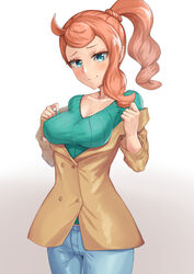  aqua_eyes aqua_nails aqua_shirt blush breasts brown_coat cleavage closed_mouth coat collarbone commentary_request cowboy_shot denim female jeans looking_at_viewer medium_breasts no_eyewear open_clothes orange_hair pants pokemon pokemon_swsh ribbed_shirt shirt side_ponytail smile solo sonia_(pokemon) swept_bangs trench_coat v-neck wavy_hair wujiemang 