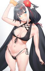  arm_up azur_lane bikini black_bikini black_hair black_nails blue_eyes blush bottle breasts collarbone commentary_request deutschland_(azur_lane) deutschland_(service_time?!)_(azur_lane) female flower grin hair_flower hair_ornament head_tilt highleg highleg_bikini highres holding holding_bottle long_hair looking_at_viewer lotion lotion_bottle low_twintails medium_breasts mole mole_on_body multicolored_hair navel nekoshoko official_alternate_costume parted_lips red_flower red_hair sexually_suggestive side-tie_bikini_bottom simple_background smile solo standing streaked_hair swimsuit teeth twintails very_long_hair white_background white_flower white_hair 