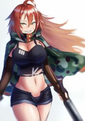  ahoge arm_warmers blush breasts camouflage_cape cape cleavage commentary_request crop_top female fingerless_gloves girls&#039;_frontline gloves gun hair_between_eyes highres ks-23_(girls&#039;_frontline) large_breasts lodbyy long_hair navel orange_hair raised_eyebrow sharp_teeth short_shorts shorts shotgun smile solo tank_top teeth weapon white_background yellow_eyes 