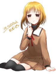  black_legwear blonde_hair brown_hair brown_shirt brown_skirt commentary female fruits_basket hand_up hitsuji_kumo looking_at_viewer medium_hair school_uniform shirt short_hair simple_background skirt solo souma_kisa white_background 