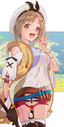  atelier_(series) atelier_ryza atelier_ryza_1 belt border brown_eyes brown_hair clothing_cutout commentary_request cowboy_shot female gloves hair_ornament hairclip hat highres itachi_kanade looking_at_viewer open_mouth red_shorts reisalin_stout short_shorts shorts shoulder_cutout single_glove solo teeth thighhighs upper_teeth_only v white_border 