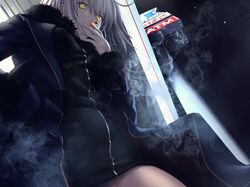  ahoge black_dress breasts cigarette coat commentary_request dress fate/grand_order fate_(series) female fur-trimmed_coat fur_trim grey_hair hand_in_pocket highres holding holding_cigarette jeanne_d&#039;arc_alter_(avenger)_(fate) jeanne_d&#039;arc_alter_(fate) kawanakajima large_breasts looking_at_viewer night short_dress short_hair smoke smoking solo storefront tsurime yellow_eyes 