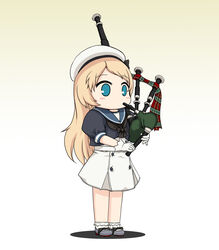  bagpipes blonde_hair blue_eyes blue_sailor_collar commentary_request dress female frilled_socks frills full_body gloves gradient_background grey_background hat highres instrument jervis_(kancolle) kantai_collection long_hair no_nose sailor_collar sailor_dress sailor_hat short_sleeves socks solo standing white_dress white_gloves white_hat yakuto007 