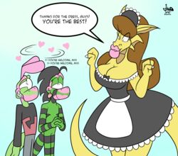  2017 3_fingers absurd_res anthro big_breasts breasts brown_hair cameron_(skunkdude13) claws cleavage clothed clothing dialogue dragon dress english_text eyelashes female finger_claws fingers green_body green_skin group hair half-closed_eyes heart_symbol helmeted_lizard hi_res jamearts jimmy_(jamearts) kiss_mark lips lizard maid_uniform male mythological_creature mythological_scalie mythology narrowed_eyes non-mammal_breasts rebecca_(jamearts) reptile ribbons scalie simple_background smile speech_bubble tail teeth text thick_lips tongue tongue_out uniform 