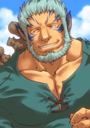  1boy animal animal_on_shoulder aqua_shirt bara beard blue_hair cleavage_cutout clothing_cutout cloud collarbone commentary_request cross-laced_clothes cross-laced_slit cross-laced_top day facial_hair fire_emblem fire_emblem:_path_of_radiance grin male_focus mordecai_(fire_emblem) muscular muscular_male one_eye_closed outdoors pectoral_cleavage pectorals pointy_ears red_eyes shirako_(kirupi) shirt smile solo squirrel tattoo 