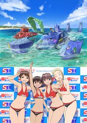  4girls :d arm_around_back arm_around_shoulder armpits ass_visible_through_thighs bikini bird black_bikini blonde_hair blue_sky breasts brown_eyes brown_hair cleavage closed_eyes commentary_request day duck emblem girls_und_panzer groin hairband highres isobe_noriko kawanishi_shinobu kondou_taeko leaning_forward logo long_hair m4_sherman medium_breasts medium_hair military military_vehicle mismatched_bikini motor_vehicle multiple_girls navel ocean open_mouth outdoors pointing pointing_up ponytail pose print_bikini race_vehicle red_bikini red_headwear sasaki_akebi scamp_(scamp_f16) short_ponytail side-by-side sky small_breasts smile special_type_2_launch_ka-mi splashing sports_bikini step_and_repeat swimsuit tan tank thigh_gap v white_hairband 