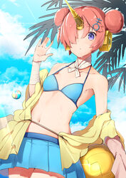  bad_id bad_pixiv_id bandaged_arm bandages beach bikini blue_bikini blue_eyes blue_sky breasts cloud commentary_request day double_bun fate/apocrypha fate/grand_order fate_(series) female frankenstein&#039;s_monster_(fate) frankenstein&#039;s_monster_(swimsuit_saber)_(fate) frankenstein&#039;s_monster_(swimsuit_saber)_(first_ascension)_(fate) hair_bun hair_ornament hair_over_one_eye headgear holding horns looking_at_viewer mechanical_horns navel outdoors pink_hair pleated_skirt short_hair single_horn skirt sky small_breasts solo sweat swimsuit swimsuit_cover-up umbrella wet yuuzuki_(re&#039;ef) 