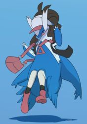  2018 blue_background blue_body chest_markings claws closed_eyes clothing dotrook floating footwear generation_3_pokemon hair hat headgear headwear hi_res hilda_(pokemon) latios legendary_pokemon markings messenger_bag nintendo pokemon pokemon_(species) shoes simple_background solo species_transformation transformation unavailable_at_source white_body white_claws 