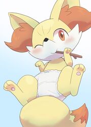  ambiguous_gender blush bow_panties bow_underwear clothed clothed_feral clothing fennekin feral fur generation_6_pokemon hi_res inner_ear_fluff lying multicolored_body multicolored_fur nintendo on_back one_eye_closed orange_eyes panties panties_on_feral panties_only pokemon pokemon_(species) solo stick stick_in_mouth topless tuft underwear underwear_only wadorigi white_clothing white_panties white_underwear yellow_body yellow_fur 