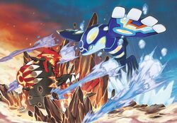  absurdres battle claws debris glowing groudon highres kyogre looking_at_another no_humans official_art open_mouth outdoors pokemon pokemon_(creature) pokemon_oras polar_opposites primal_groudon primal_kyogre rain rock sharp_teeth sky sparks sugimori_ken teeth water 