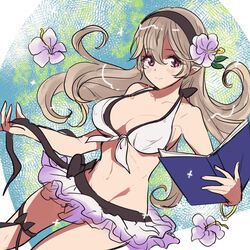  bikini book breasts closed_mouth commentary_request corrin_(female)_(fire_emblem) corrin_(female)_(summer)_(fire_emblem) corrin_(fire_emblem) female fire_emblem fire_emblem_fates fire_emblem_heroes flower hair_flower hair_ornament hairband highres holding holding_book large_breasts long_hair official_alternate_costume open_book pointy_ears red_eyes smile solo sou_mei swimsuit thigh_strap white_hair 