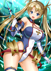  armor bare_shoulders blonde_hair blue_eyes blush bradamante_(fate) bradamante_(first_ascension)_(fate) braid breasts cleavage collarbone commentary_request covered_navel crown_braid elbow_gloves fate/grand_order fate_(series) faulds female gloves hair_between_eyes hair_ornament highleg highleg_leotard highres large_breasts leotard long_hair looking_at_viewer open_mouth photoshop_(medium) scepter smile solo thigh_strap thighs twintails uehiro very_long_hair 